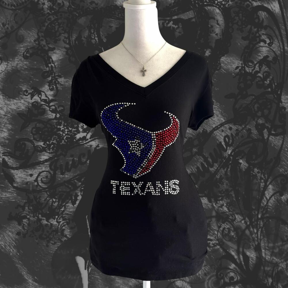 skinny form fitting v-neck texans bedazzled logo sports wear core mcbling top